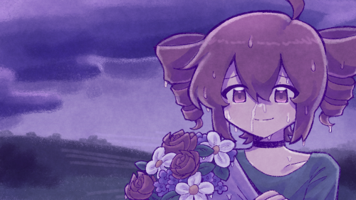 A digital drawing of the vocal synthesizer character Kasane Teto, holding a bouquet of flowers in the rain.