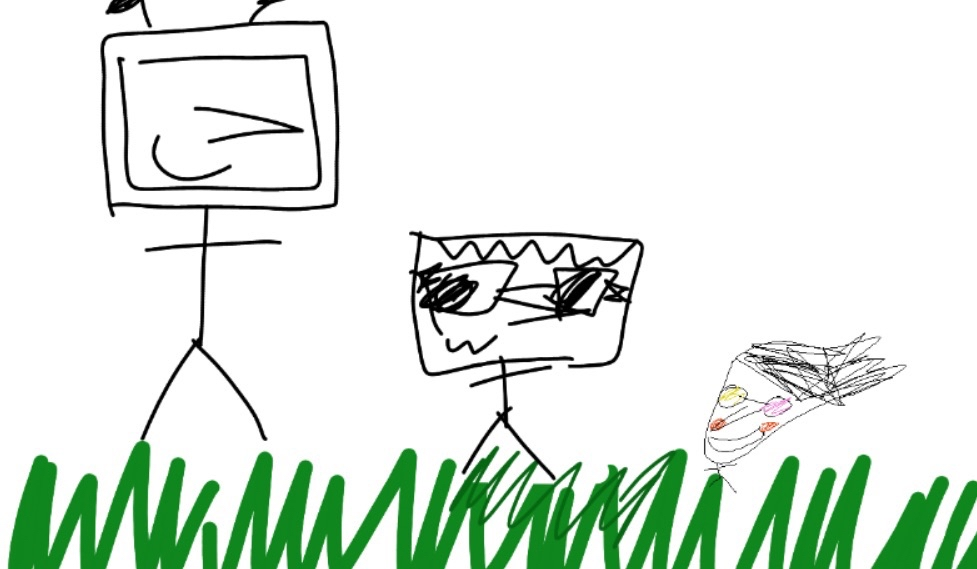 A doodle of Tenna and Spamton, characters from DELTARUNE, with Bird's character Cammy.