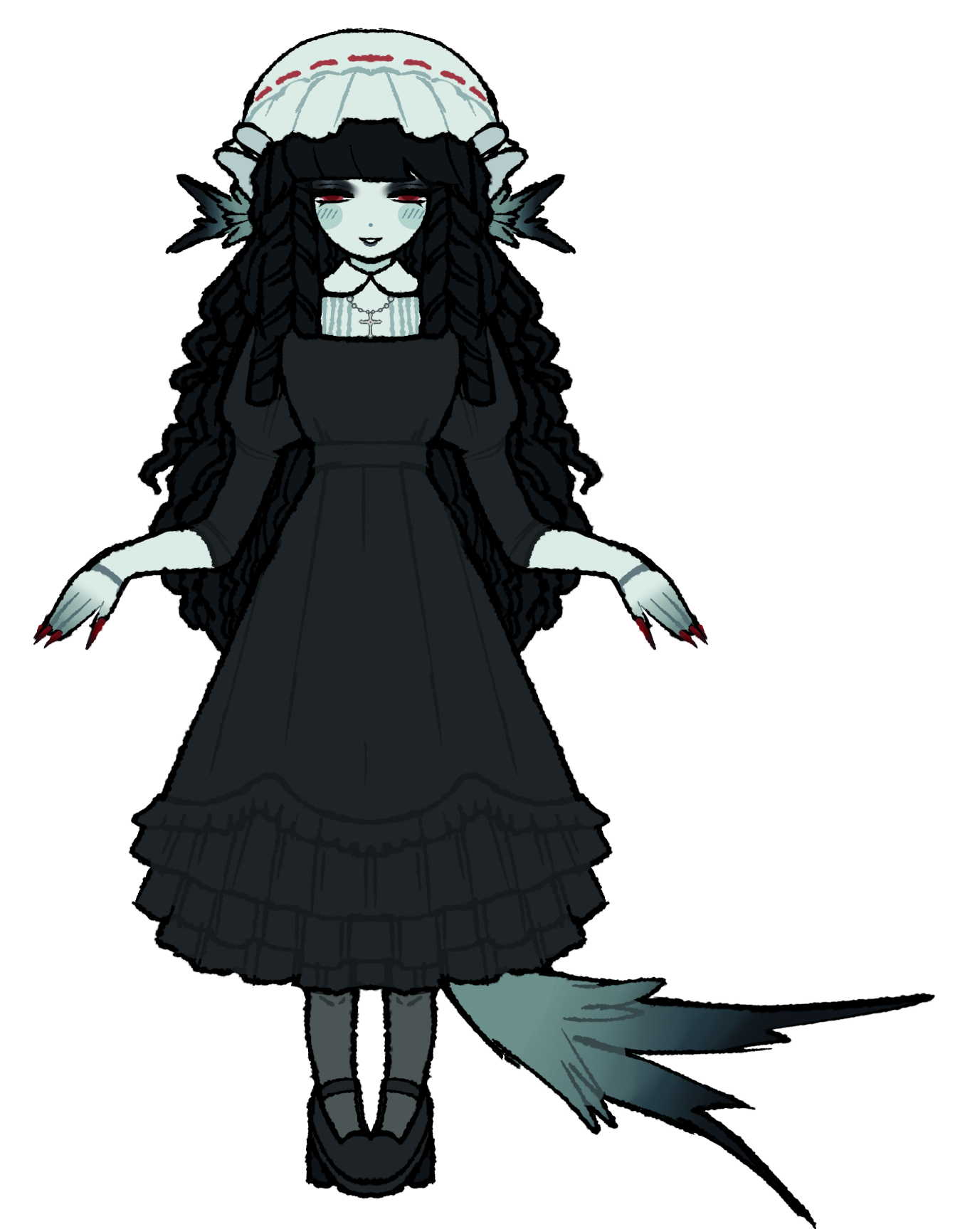 A dark-colored fish woman in a black church dress.