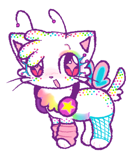 A cat butterfly creature with leg warmers and headphones.