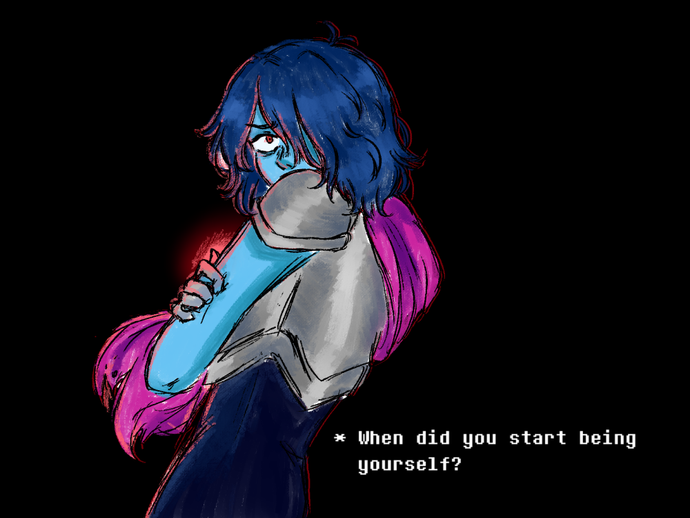 A rendered digital drawing of Kris Dreemurr, the protagonist of DELTARUNE. To the right, a quote from Chapter 4 of the game reads, 'When did you start being yourself?'