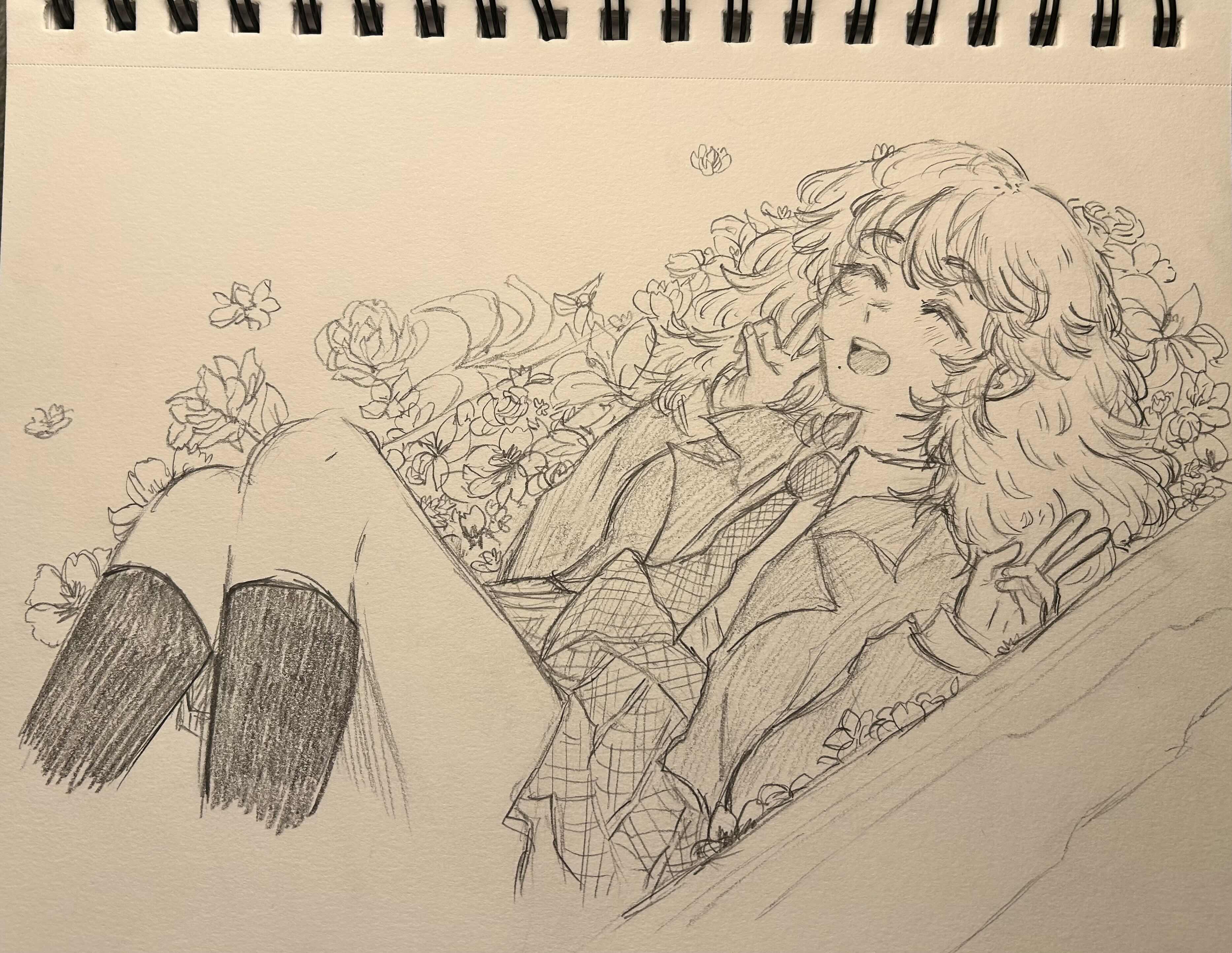 A traditional drawing of Ria's original character, Florence, laying in a flower field.