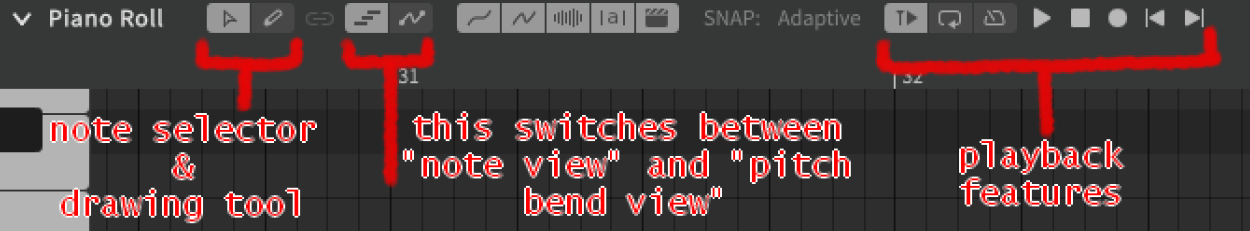 An image of the icons displayed in the top toolbar of the piano roll in Synthesizer V Studio.