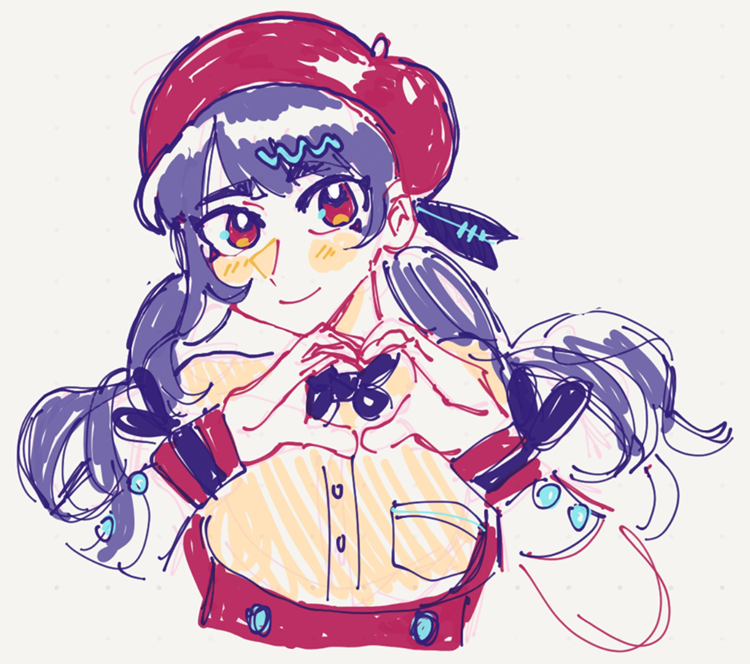 A drawing of Xin Hua, a VOCALOID. It was drawn by Ray. It uses various blues, pinks, and yellows.